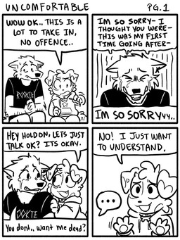 anthro bodily_fluids bone_collar_tag clothed clothing collar collar_tag crying dialogue discussion duo dwarfism ear_piercing hoodie male male/male piercing shirt small_body speech_bubble t-shirt tears text topwear young young_male spudnikmutt rookie_(spudnikmutt) spudnik_(spudnikmutt) canid canine canis chihuahua domestic_dog mammal toy_dog wolf comic english_text hi_res monochrome multiple_scenes adult_(lore)