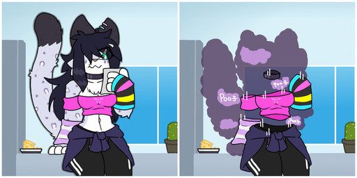 4_fingers alternative_fashion armwear big_tail breasts cleavage clothed clothed_to_nude clothes_falling_off clothing collar crop_top dark_hair dipstick_tail eating eyebrow_through_hair eyebrows female fingers fur green_eyes hair holding_object implied_nudity jacket_around_waist kemono leaning leggings legwear magic markings multicolored_body purple_body purple_fur scene_haircut shirt simple_background solo spots spotted_markings tail tail_markings topwear transformation translucent translucent_hair wardrobe_malfunction white_body white_fur lynxafterd4rk felid mammal pantherine snow_leopard hi_res trans_(lore) trans_woman_(lore)