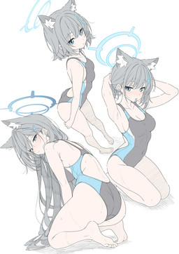 accessory blue_eyes breasts butt clothing collarbone ear_piercing ear_stud eyebrow_through_hair eyebrows eyelashes feet female grey_hair hair hair_accessory halo inner_ear_fluff kneeling mouth_hold one-piece_swimsuit piercing side_boob small_breasts solo swimwear translucent translucent_hair tuft masabodo blue_archive nexon shiroko_(blue_archive) animal_humanoid canid canid_humanoid canine canine_humanoid humanoid mammal mammal_humanoid wolf_humanoid 2025 absurd_res hi_res