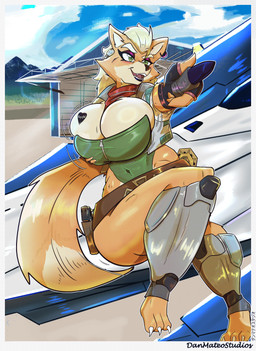 aircraft anthro big_breasts big_butt black_lipstick breast_grab breasts butt clothed clothing crossgender female fur green_eyes hand_on_breast huge_breasts lipstick makeup orange_body orange_fur scarf solo vehicle danmateostudios nintendo star_fox fox_mccloud absurd_res hi_res