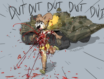 anthro attack blood bodily_fluids briefs briefs_only brown_body brown_fur clothed clothing crying footwear fur gore green_clothing green_footwear green_shoes imminent_death killing male male_anthro onomatopoeia open_mouth running shoes snuff solo sound_effects tank_(vehicle) tears text topless underwear underwear_only vehicle yellow_briefs yellow_clothing yellow_underwear bravobunny mammal mouse murid murine rodent