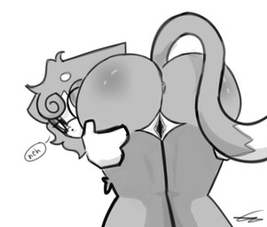anthro anus bent_legs black_outline butt curly_hair dialogue dipstick_tail eyewear female female_anthro fur genitals glasses glistening glistening_body glistening_butt grey_body grey_butt grey_fur grey_hair grey_legs grey_tail hair knock-kneed looking_at_viewer looking_back looking_over_shoulders markings medium_butt multicolored_body multicolored_fur multicolored_tail nude nude_anthro nude_female outline presenting presenting_hindquarters presenting_vulva shadow short_hair simple_background simple_coloring solo speech_bubble spread_vulva spreading tail tail_markings thin_tail vulva wearing_glasses white_background white_hands white_head white_tail_tip namelessseal katty_namelessseal felid feline mammal digital_drawing_(artwork) digital_media_(artwork) monochrome shaded signature sketch