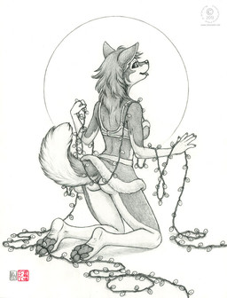 anthro breasts butt clothed clothing female holidays lights looking_at_viewer looking_back skimpy solo tail kacey christmas canid canine canis domestic_dog husky mammal nordic_sled_dog spitz 2013 greyscale monochrome