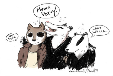 5_fingers ambiguous_gender anthro clothed clothing dialogue drunk eyes_closed fangs fingers group jacket open_mouth shirt simple_background substance_intoxication teeth text tongue topwear white_background unknown_artist habits bennett_(habits) clementine_(habits) kyle_(habits) american_opossum badger mammal marsupial mustelid musteline virginia_opossum english_text hi_res watermark