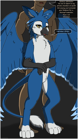 anthro beak big_ears blue_body blue_feathers blue_fur border chat_bubble chest_tuft command commanding dark_room dialogue digitigrade digitigrade_paws dim_lighting dominant dominant_human dominant_male duo feathers featureless_chest feet female female_anthro female_on_human fur genitals human_on_anthro interspecies larger_human larger_male male male/female male_human multicolored_body nervous nervous_laugh nude open_beak open_mouth plantigrade playful roleplay size_difference smaller_anthro smaller_female smile spread_wings standing standing_behind standing_over submissive submissive_anthro submissive_female tail tail_tuft talon_hands text to_be_continued tuft vulva white_body white_border white_feathers white_fur wings wringing_hands yellow_eyes wrattales2022 mythology rinna_(wrattales2022) avian gryphon human mammal mythological_avian mythological_creature 9:16 english_text hi_res