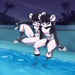 anthro bikini bikini_bottom bikini_top bone breasts bulge clothed clothing duo feet female fingers hair looking_at_viewer male navel night nipples outside partially_submerged plant sitting skimpy_bikini skull skull_head swimming_pool swimwear thong toes tree two-piece_swimsuit underwear water jackofak badger mammal mustelid musteline 1:1 digital_media_(artwork) hi_res