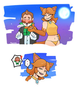 alternate_species blush breasts brown_hair choker dialogue duo facial_hair female full_moon hair humanoid_pointy_ears jewelry male male/female moon mustache navel necklace pointy_ears sharp_teeth smile star teeth text thegreyzen mario_bros mythology nintendo luigi princess_daisy animal_humanoid canid canid_humanoid canine canine_humanoid humanoid mammal mammal_humanoid mythological_canine mythological_creature vampire werecanid werecanine werecreature werewolf wolf_humanoid 2019 english_text hi_res