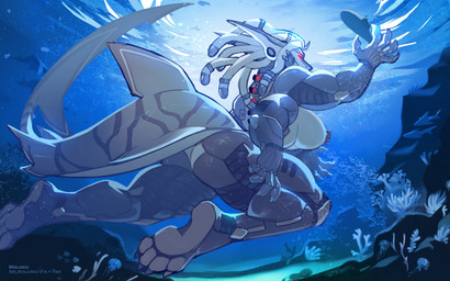 4_arms 4_toes anthro big_breasts breasts cybernetics dark_nipples dreadlocks ear_piercing feet female lightened_soles machine macro multi_arm multi_limb muscular muscular_female nipple_piercing nipples piercing prosthetic prosthetic_arm prosthetic_leg prosthetic_limb soles solo tail toes water sir_molo4ko marian_(gonsha) aquatic cyborg fish shark 16:10 hi_res widescreen