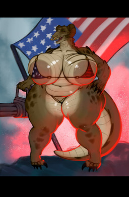 american_flag american_flag_bikini anthro areola belly big_areola big_breasts big_tail bikini breasts brown_body brown_scales claws clothing facial_piercing female flag_bikini flag_swimwear front_view gatling_gun genitals gun holidays horn huge_areola huge_breasts huge_thighs hyper hyper_breasts hyper_thighs machine_gun nose_piercing overweight overweight_anthro overweight_female piercing pussy_floss ranged_weapon scales sharp_teeth solo swimwear tail teeth thick_tail thick_thighs toe_claws two-piece_swimsuit united_states_of_america vulva weapon elcausajaacky 4th_of_july fallout microsoft deathclaw mammal reptile scalie absurd_res hi_res