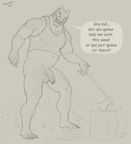 anthro axe balls belly big_belly bottomless clothed clothing foreskin genitals half-erect humanoid_genitalia humanoid_penis log loose_foreskin male muscular muscular_anthro muscular_male navel open_mouth outside overweight overweight_anthro overweight_male penis solo speech_bubble standing text wood aduran mythology dragon mythological_creature mythological_scalie scalie 2023 absurd_res dated english_text full-length_portrait hi_res monochrome portrait signature sketch