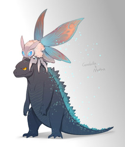 ambiguous_gender duo feral male riding simple_background tail yellow_eyes mieaowu godzilla_(series) monsterverse mothra_(series) toho godzilla mothra arthropod insect kaiju lepidopteran moth reptile scalie