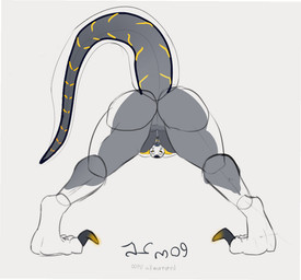 anthro butt claws feet female presenting presenting_hindquarters solo standing tail thick_thighs toe_claws white_body floghtraaki sirrah_(floghtraaki) reptile scalie snake sketch