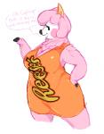 anthro big_breasts blush breasts clothed clothing dress female fur hooves humor looking_at_viewer pink_body pink_fur pun simple_background smile solo text thick_thighs visual_pun white_background wide_hipped_female wide_hips boot_(artist) animal_crossing nintendo reese's reese_(animal_crossing) alpaca camelid mammal english_text