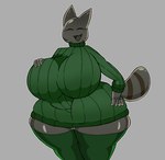 anthro belly big_breasts breasts clothed clothing eyes_closed female fingers fully_clothed green_clothing green_legwear green_stockings green_sweater green_thigh_highs green_topwear grey_background grey_body grey_tongue hand_on_breast hand_on_hip happy huge_breasts huge_hips huge_thighs legwear markings open_mouth open_smile outline simple_background slightly_chubby smile solo standing stockings striped_markings striped_tail stripes sweater tail tail_markings thick_thighs thigh_highs three-quarter_view tongue topwear white_outline wide_hips leirnabs slime_rancher domestic_cat felid feline felis goo_creature mammal slime_(slime_rancher) tabby_slime 2024 aliasing digital_media_(artwork) hi_res portrait three-quarter_portrait