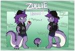 anthro backpack backwards_baseball_cap backwards_hat baseball_cap black_tongue border bottomwear claws clothing female fluffy fluffy_hair green_eyes hair hat headgear headwear hoodie hotpants markings pokeball purple_body purple_hair scale_markings scales scutes short_stack shorts solo text tongue topwear white_border graedius_(artist) nintendo pokemon zullie_(graedius) lizard reptile scalie english_text model_sheet reference_image