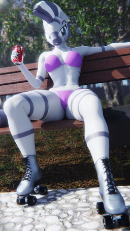 anthro beverage beverage_can bikini clothing female footwear quad_skates roller_skates sitting soda solo swimwear two-piece_swimsuit artempredator coca-cola friendship_is_magic hasbro my_little_pony zecora_(mlp) equid equine mammal zebra 3d_(artwork) 4k 9:16 absurd_res digital_media_(artwork) hi_res