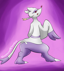 ambiguous_gender anthro barbel_(anatomy) claws dipstick_tail flesh_whiskers gradient_background half-closed_eyes looking_at_viewer looking_back looking_back_at_viewer markings narrowed_eyes purple_background purple_body rear_view red_eyes simple_background solo standing tail tail_markings text tongue tongue_out white_body yellow_bow domedvortex nintendo pokemon generation_5_pokemon mienshao pokemon_(species) artist_name hi_res
