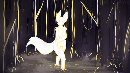 anthro big_ears breast_tuft breasts ear_tuft female fluffy fluffy_breasts forest inner_ear_fluff light light_body particles paws plant solo step_pose tail tree tuft psychpsyo canid canine fox mammal 16:9 hi_res lighting signature widescreen