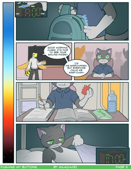 backpack bed bedroom classroom clothing college dialogue eating food fur furniture green_eyes grey_body grey_fur school text milachu92 buttons_(milachu92) arthropod domestic_cat felid feline felis hymenopteran insect mammal wasp absurd_res comic english_text hi_res