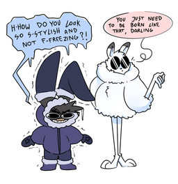 ambiguous_gender anthro band-aid band-aid_on_face band-aid_on_nose bandage bandage_on_face bandage_on_nose black_body black_fur boots cheek_tuft clenched_teeth clothing coat dialogue duo eyewear eyewear_only facial_tuft fluffy footwear fur grey_body grey_fur half-closed_eyes handwear humor long_legs male mittens narrowed_eyes neck_tuft nude parka shaking shivering shoes simple_background speech_bubble sunglasses sunglasses_only teeth text topwear tuft white_background white_body white_fur xing1 nick_(xing1) arctic_hare hare lagomorph leporid mammal rabbit absurd_res english_text hi_res