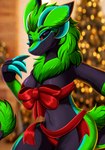 anthro bedroom_eyes black_body black_fur blue_body blue_fur blurred_background bow_ribbon breasts christmas_decorations christmas_tree claws cleavage clothed clothing female finger_claws fur green_body green_fur holidays multicolored_body multicolored_fur narrowed_eyes plant red_eyes seductive smile solo tree pridark christmas einomi furred_scalie scalie wickerbeast 2022 absurd_res digital_media_(artwork) hi_res