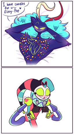 2_panel_comic anthro bed bedroom_eyes blue_body blue_feathers blush blush_lines border candy clothed clothed_male clothing constricted_pupils cutlery cybernetic_arm cybernetic_limb cybernetics dessert dialogue duo empty_eyes feather_hair feathers food food_on_body food_on_chest fool's_hat furniture green_eyes green_sclera hands_behind_head hat headgear headwear heart_clothing heart_symbol holding_object holding_spoon holding_spork holding_tool holding_utensil jester_outfit kitchen_utensils lying machine male multicolored_clothing narrowed_eyes nude_male on_back on_bed pseudo_hair pupils seductive simple_background small_pupils smile spoon spork text tools white_background white_border white_face norithelord hellaverse helluva_boss asmodeus_(helluva_boss) fizzarolli_(helluva_boss) avian avian_demon bird chicken cyborg demon galliform humanoid imp phasianid 2022 absurd_res artist_name comic english_text hi_res watermark