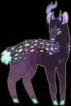 ambiguous_gender antlers blue_antlers blue_hooves broken_antler chevron_(marking) empty_eyes eyebrows feral fur grey_body grey_fur hooves horn inner_ear_fluff markings narrowed_eyes outline purple_body purple_eyebrows purple_fur purple_inner_ear purple_inner_ear_fluff purple_nose short_tail simple_background snout solo spots spotted_body spotted_fur tail transparent_background tuft unguligrade yellow_eyes yellow_outline jaspering deer mammal 2017 alpha_channel digital_drawing_(artwork) digital_media_(artwork) flat_colors full-length_portrait portrait