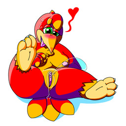 3_toes anthro blush bodily_fluids breasts ejaculation feet female genital_fluids genitals green_eyes hands-free lightened_soles nipples red_body sitting soles solo talons toes tongue tongue_out vaginal_fluids vaginal_squirting vulva naughtyblitz64 banjo-kazooie rareware kazooie avian bird breegull 1:1 hi_res