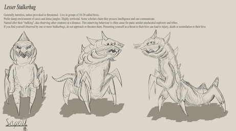 ambiguous_gender carapace front_view looking_at_another lore side_view simple_background sketchy spikes spikes_(anatomy) text sayeth arthropod cryptid insect monster stalkerbug english_text shaded simple_shading