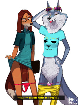 anthro big_pubes body_hair bottomwear bottomwear_down clipboard clothed clothing clothing_lift dialogue dress dress_lift duo eyewear eyewear_on_head female fur glasses glasses_on_head hair half-closed_eyes holding_clipboard holding_object looking_at_viewer narrowed_eyes navel panties panties_down pants pants_down partially_clothed pink_eyewear pink_glasses pubes round_glasses shirt simple_background slim slim_anthro slim_female smile standing tail text tongue tongue_out topwear underwear underwear_down wearing_glasses yellow_eyes magnetus illumination_entertainment sing_(movie) porsha_crystal suki_lane canid canine canis domestic_dog hunting_dog mammal saluki sighthound wolf 3:4 digital_media_(artwork) english_text hi_res