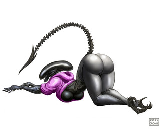 big_breasts big_butt black_body breasts butt claws clothed clothed_humanoid clothing exoskeleton female glossy_body long_nails long_tail presenting presenting_hindquarters shirt solo spiked_tail spikes spikes_(anatomy) spines tail teeth toe_claws topwear under_boob kory_cromie alien_(franchise) alien humanoid xenomorph hi_res