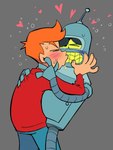 blush clothing dddracula duo eyes_closed grey_background hair heart_symbol human_on_robot jacket kissing machine male male/male orange_hair red_clothing red_jacket red_topwear simple_background topwear comedy_central futurama bender_bending_rodríguez philip_j._fry human mammal robot hi_res