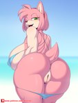 anthro big_breasts big_butt bikini breasts butt clothing female genitals green_eyes huge_breasts one_eye_closed pussy simple_background smile solo swimwear tail text thick_thighs two-piece_swimsuit rainven sega sonic_the_hedgehog_(series) amy_rose eulipotyphlan hedgehog mammal 2024 3:4 absurd_res hi_res url