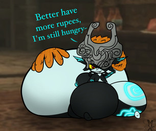 areola belly big_belly big_breasts big_butt black_body black_ears black_skin bloated blue_areola blue_body blue_markings blue_nipples blue_skin breasts butt dialogue female fused_shadow grey_helmet hair hand_on_belly hand_on_own_belly huge_belly huge_breasts huge_butt humanoid_pointy_ears hyper hyper_belly hyper_butt looking_at_viewer looking_back looking_back_at_viewer markings morbidly_obese morbidly_obese_female morbidly_obese_humanoid multicolored_body nipples not_furry obese obese_female obese_humanoid orange_hair overweight overweight_female overweight_humanoid pointy_ears prehensile_hair rear_view red_eyes shortstack shortstack_female sitting smile smiling_at_viewer smug snaggle_tooth solo talking_to_viewer text two_tone_body weight_gain yellow_sclera stupidcato nintendo the_legend_of_zelda twilight_princess midna humanoid imp twili 2026 colored digital_media_(artwork) english_text hi_res shaded signature