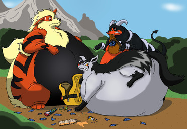 all_fours backpack belly berry big_belly bodily_fluids bottle clenched_teeth container feral food front_view fruit fur group holding_object holding_sack horn huge_belly hyper hyper_belly immobile looking_aside looking_back male morbidly_obese morbidly_obese_feral morbidly_obese_male mountain nervous nervous_sweat obese obese_feral obese_male outside overweight overweight_feral overweight_male plant raised_tail shrub side_view sitting sweat sweatdrop tail teeth hectorthewolf nintendo pokemon arcanine generation_1_pokemon generation_2_pokemon generation_3_pokemon houndoom mightyena pokemon_(species) 2011 hi_res