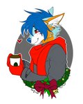 anthro beverage black_clothing black_jacket black_topwear blue_hair candy chocolate christmas_decorations clothing dessert food fur gloves hair handwear heart_symbol hot_chocolate jacket male multicolored_body multicolored_fur red_eyes red_scarf scarf smile solo topwear unknown_artist falcon_woodwere arctic_wolf canid canine canis mammal wolf hi_res