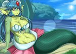 big_breasts bikini bikini_top breasts clothing day female green_body hand_on_breast navel open_mouth outside red_eyes solo split_form sun swimwear two-piece_swimsuit water redjet00 shantae_(series) wayforward giga_mermaid humanoid marine merfolk 2019