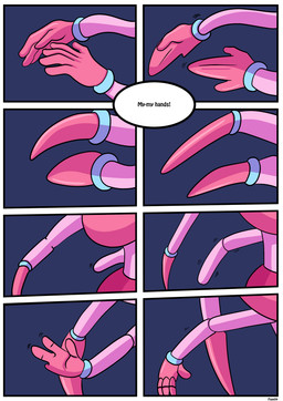 4_fingers anthro arm_growth big_breasts blade_arm breasts clothing female fingers gloves green_eyes growth hand_transformation handwear limb_growth multi_arm multi_limb pink_body pink_clothing pink_gloves pink_handwear pink_skin species_transformation text transformation transformation_sequence rex_equinox mob_entertainment poppy_playtime the_succubus_hunt mommy_long_legs arachnid arthropod living_toy spider absurd_res comic english_text hi_res