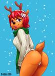 anthro black_nose blue_background brown_body brown_fur butt clothed clothing female fur gloves hair half-closed_eyes handwear happy holidays lipstick looking_at_viewer looking_back makeup narrowed_eyes panties purple_eyes red_hair ribbed_clothing ribbed_sweater scarf simple_background smile snow solo sweater topwear underwear white_clothing revtilian sr third-party_edit christmas parappa_the_rapper sony_corporation sony_interactive_entertainment um_jammer_lammy lammy_lamb bovid caprine mammal sheep 2016 absurd_res color_edit colored hi_res