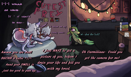 abuse ambiguous_gender anus appliance bed blender_(machine) blood bodily_fluids camera cave crying eating egg falsa_idola food furniture genitals harm kitchen_appliance knife knot meat oviposition parasite penis pinned profanity sad scratches tears text wounded poofythedragon nintendo pokemon carmillia arthropod generation_5_pokemon insect lepidopteran moth pokemon_(species) snivy absurd_res english_text hi_res story