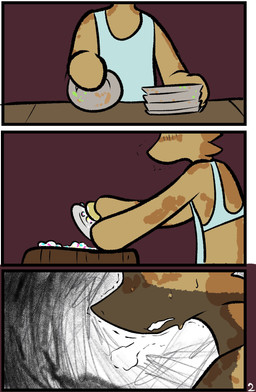 anthro apron apron_only clothing dirty_dishes male scared shaking solo trembling washing_dishes brradett tim_(brradett) scalie absurd_res comic hi_res