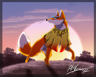 blue_eyes cape circlet clothing cloud female feral fur hair jewelry looking_back orange_body orange_fur orange_hair plant solo sunset tree white_body white_fur white_hair thecynicalhound hyirsa_(darfix) avian bird canid canine fox mammal red_fox true_fox 2012 signature