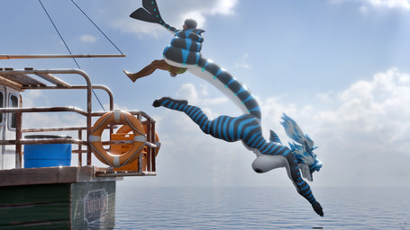 anthro black_body blue_body blue_hair_tips boat breasts clothed clothed_human clothed_male clothing coiling diving duo female female_on_human hair human_on_anthro interspecies kidnapping long_tail male male/female male_on_anthro nipples nude nude_anthro nude_female outside restrained_arms sea sky striped_body stripes swimming_trunks swimwear tail tail_coil vehicle water watercraft white_hair mercfox438 annoad_(modeler) warfaremachine_(modeler) nika_sharkeh warfare_nika aquatic fish human mammal requiem_shark shark tiger_shark 16:9 2024 3d_(artwork) digital_media_(artwork) hi_res widescreen