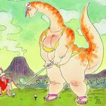 anthro belly big_belly big_breasts big_butt big_tail bikini blush body_blush breast_blush breasts butt cellulite clothed clothing cloud duo female footwear golf_ball golf_club grass hat headgear headwear holding_object long_neck male markings nails non-mammal_breasts orange_body orange_markings outside overweight overweight_female partially_clothed plant sandals shoes size_difference swimwear tail tan_body thick_tail tongue tongue_out two-piece_swimsuit visor_cap volcano wide_hips yellow_clothing dyna_soar brontosaurus dinosaur diplodocid prehistoric_species pterosaur reptile sauropod sauropodomorph scalie 1:1 2025 digital_drawing_(artwork) digital_media_(artwork) hi_res signature sketch