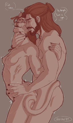 ambiguous_penetration anthro anthro_penetrated areola athletic beard bite biting_lip biting_own_lip breasts butt colored_nails duo erect_nipples facial_hair female from_behind_position fur gasp goatee hair hand_on_neck human_on_anthro human_penetrating human_penetrating_anthro interspecies long_hair male male/female nails nipples nude open_mouth penetration penile penile_penetration self_bite sex side_view small_breasts standing standing_sex text waist_grab white_body white_fur hizrihel_(artist) microsoft the_elder_scrolls demetri_malius_(hizrihel) ra'tima-daro_(hizrihel) felid human khajiit mammal hi_res