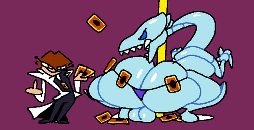 anthro balls big_butt blue_eyes butt card clothed clothing duo genitals gesture hand_gesture male middle_finger pole stripper_pole thick_thighs thong underwear superiorfox konami mythology yu-gi-oh! blue-eyes_white_dragon seto_kaiba dragon duel_monster human mammal mythological_creature mythological_scalie scalie