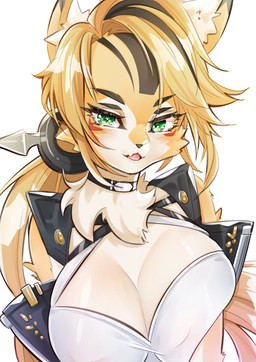 accessory anthro blonde_hair blush breast_squish breasts cleavage clothed clothing cute_fangs eye_markings eyelashes fangs female fur green_eyes hair hair_accessory jacket markings ponytail solo squish stripes teeth topwear white_body white_fur yellow_body yellow_fur llias1614 mihoyo zenless_zone_zero pulchra_fellini felid feline leopardus mammal ocelot 2024 hi_res