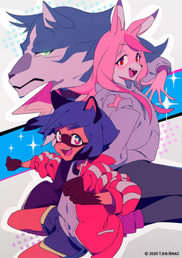 abstract_background anthro black_hair blue_body blue_eyes blue_fur blue_hair bottomwear brown_body clothed clothing facial_markings female fur gloves_(marking) group hair head_markings jacket long_hair male markings mask_(marking) multicolored_body multicolored_fur multicolored_hair open_mouth pink_body pink_fur pink_hair shorts topwear sohin_3 brand_new_animal studio_trigger michiru_kagemori nazuna_hiwatashi shirou_ogami canid canine canis fox mammal raccoon_dog tanuki wolf 2020