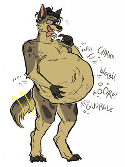 anthro bodily_fluids digestion drooling eyewear glasses grin gurgle_(sound_effect) hand_on_belly looking_down looking_down_at_belly male male_pred rumbling_stomach saliva smile standing sweat tail tail_motion tailwag tongue tongue_out vore 934 canid canine canis domestic_dog mammal digital_media_(artwork) hi_res