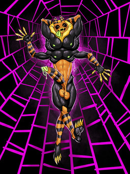 4_arms anthro balls big_penis bodily_fluids crossed_legs dripping fluffy_mane genital_fluids genitals hands_behind_head male markings multi_arm multi_limb multi_pecs muscular muscular_male pecs penis precum precum_drip raised_arms solo striped_markings stripes sweat sweaty_body sweaty_pits harlequinkiller candycorn_(harlequinkiller) arachnid arthropod humanoid hybrid insect lepidopteran moth spider hi_res